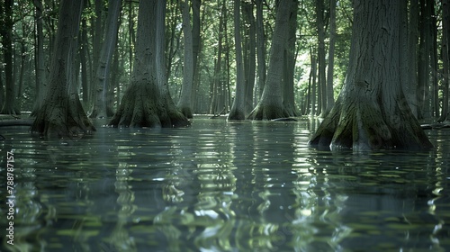 A natural landscape with trees growing out of the water in a forested swamp