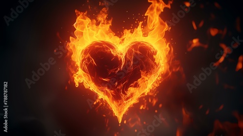 Burning heart on a dark background. 3d rendering  toned image