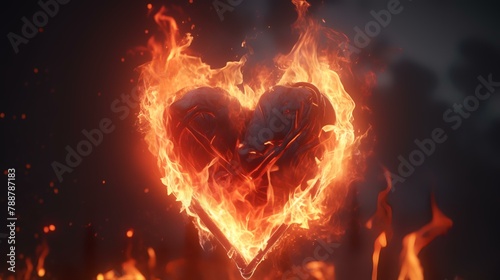 Burning heart on a dark background. 3d rendering  toned image