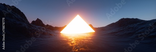3d render. Fantasy landscape of black rocky mountains and triangle of light. Abstract panoramic background. Esoteric zen wallpaper