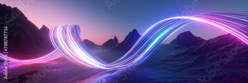 3d render. Surreal fantasy landscape under the sunset sky. Abstract panoramic background. Rocky mountains and glowing neon lines in motion. Floating energy concept photo