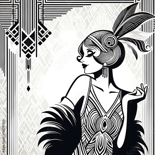 Flapper girl holding cocktail glass with splash. Art deco, 1920 s style vintage invitation template design for drink list, bar menu, glamour event, wedding, jazz party flyer. Vector art.