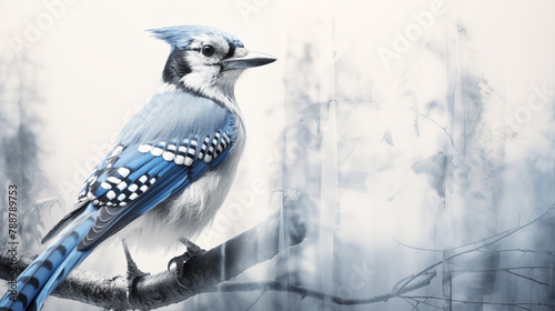 Double Exposure, white background, side view of a bright Blue Blue Jay ~ Created using Generative AI
