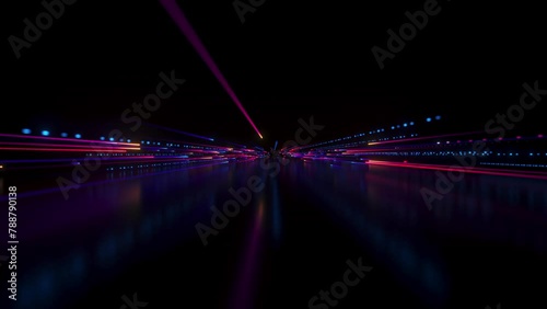 3d animation of a vibrant multicolored lights and particles leaving visible trails. Glowing neon lines. Information transition, big data streaming and flowing inside of optical fiber