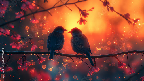 Lovebirds Silhouetted Against Twilight Sky