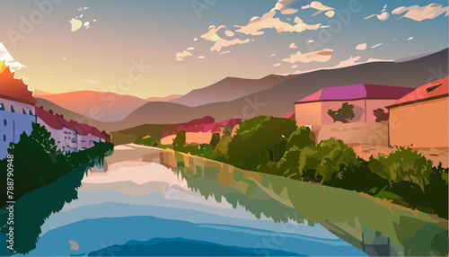 Landscape with mountains and lake in the sunset