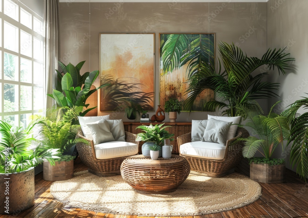 A living room with two rattan chairs, potted plants and abstract art on the wall. featuring natural materials like bamboo furniture and beige carpet. A wooden coffee table A living room with two rattan chairs, potted plants and abstract art on the wall. featuring natural materials like bamboo furniture and beige carpet. A wooden coffee table