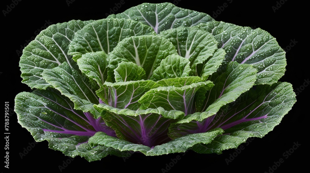 Close-up of a green plant with leafy top on black backdrop, adorned with water droplets on foliage Close-up of a green plant with leafy top on black backdrop, adorned with water droplets on foliage