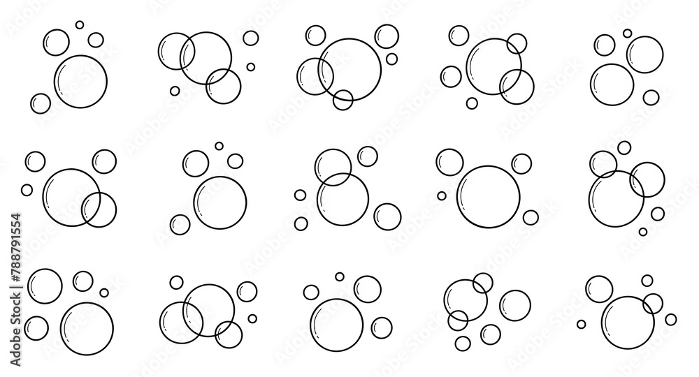 Soap bubbles icon doodle set.  Fizzy, soap foam, water sparkle in sketch style. Hand drawn vector illustration isolated on white background