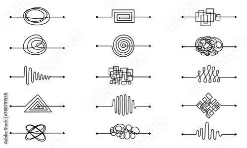 Messy arrow lines doodle set. Tangled scribble path, chaos mindset, different ways to solve problem, from simple to complex in sketch style. Hand drawn vector illustration isolated on white background