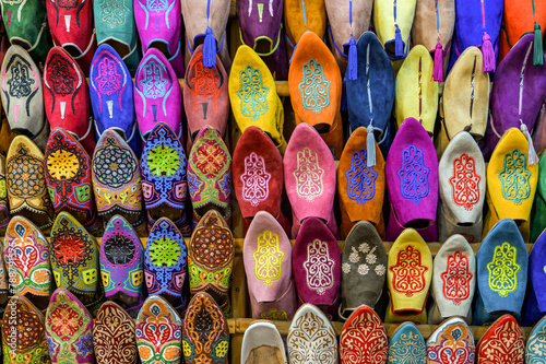 Vibrant Display of Traditional Moroccan Babouche Slippers photo