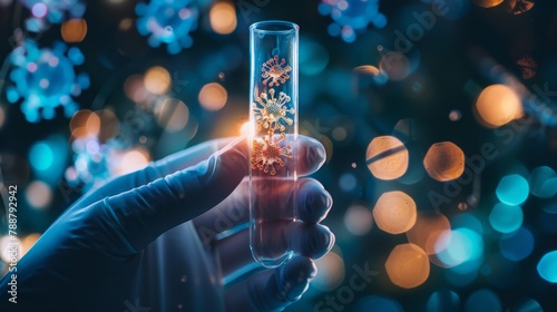 A scientist's gloved hand holding a test tube with a golden virus structure illuminated, against a backdrop of defocused blue lights, symbolizing medical innovation.
