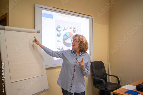 Mature instructor teaching with digital presentation