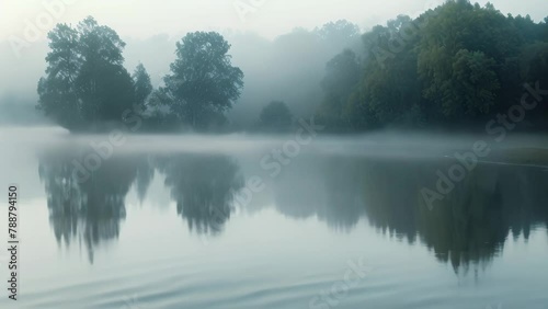 A foggy morning surrounds a serene lake as trees reach towards the sky, Misty morning over a tranquil, still lake photo