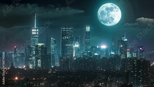 A city illuminated by streetlights and buildings, with a brilliant full moon shining overhead, Moonlit city skyline featuring myriad skyscrapers