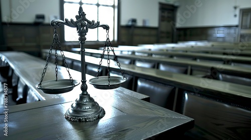 Vintage Scales of Justice on Wooden Desk in Empty Courtroom. Legal System Conceptual Image. Symbol of Law, Fairness and Judgment. Majesty of Law Theme. AI