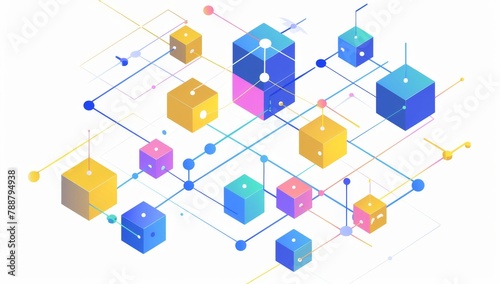 A simple line drawing of an isometric network with colorful blocks and dots connecting them, on a white background Generative AI