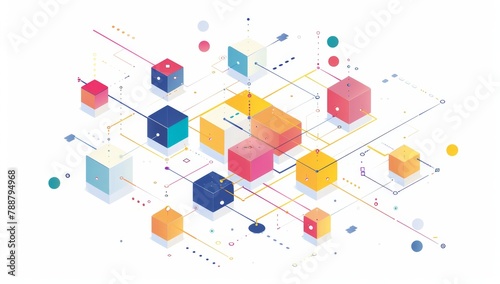 minimalist line art of an isometric network with colorful blocks and dots on a white background Generative AI photo