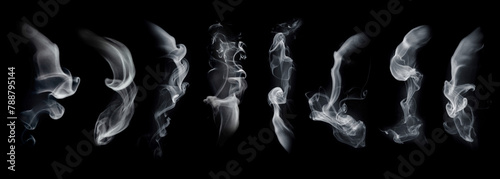 Smoke set isolated on black background. White cloudiness, mist or smog background. Smoke collection for your design.