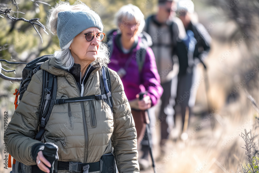 Fototapeta premium Group of smiling elderly women and men walk along the path in a column