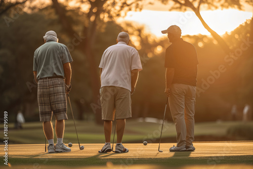 Group of gray-haired old men play golf at sunset on the course
