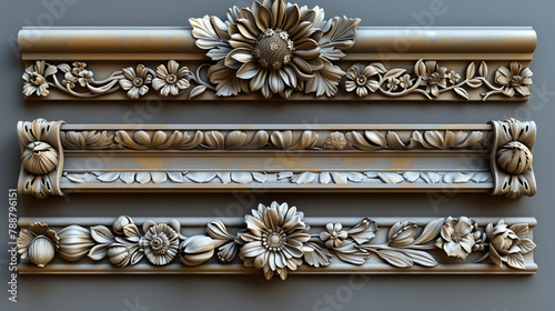 Vector set of gold decorative horizontal floral elements 