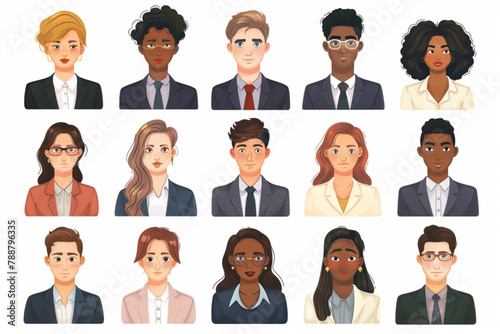 Multiethnic business people collection. Men and women of different ages and races in office attire on a white background 3D avatars set vector icon, white background, black colour icon