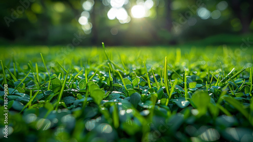 Lawn  closeup and bokeh in nature at field outdoor in the countryside in Germany on background. Grass  park and garden with green plants for ecology  environment or sunshine on summer landscape