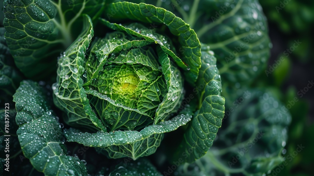 A tight shot of a verdant plant with dewdrops on its leafy surface and the plant's core in focus A tight shot of a verdant plant with dewdrops on its leafy surface and the plant's core in focus