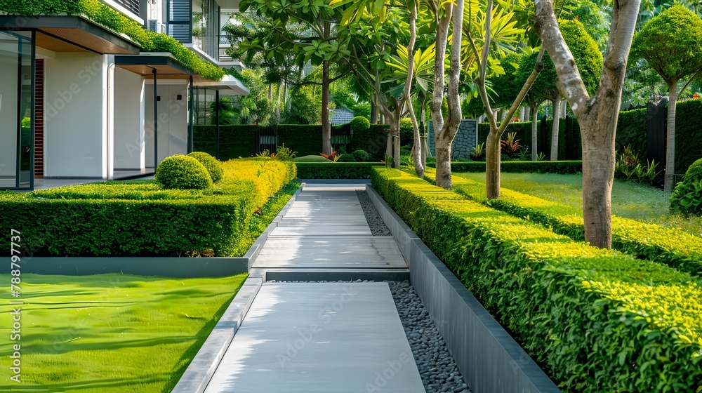 Elegant Home Exterior with Manicured Garden and Pathway. Modern Residential Design, Ideal for Real Estate and Landscaping Concepts. Suburban Luxury, Fresh Greenery. AI