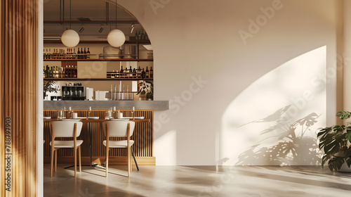 Fototapeta Naklejka Na Ścianę i Meble -  Cozy beige restaurant interior with bar counter and dining tables. Mock up wall