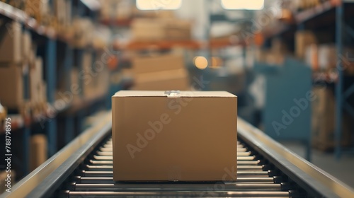 Cardboard box on a conveyor belt in a warehouse setting. Packaging and delivery concept. Blurred storage racks in background. Industrial shipping scene illustration. AI