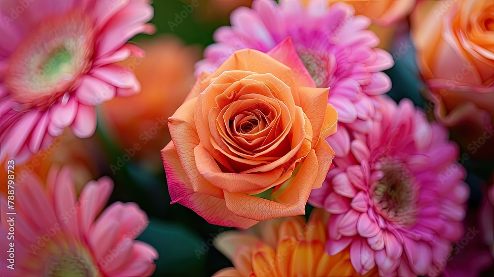A delightful mix of orange roses and pink gerbera flowers makes up the colorful bouquet A delightful mix of orange roses and pink gerbera flowers makes up the colorful bouquet