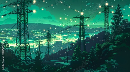 Electric Dreamscape: Power Lines Over a Vibrant City at Night. Stylized Digital Art Illustration with a Futuristic Feel and Luminous Details. Perfect for Creative Projects. AI