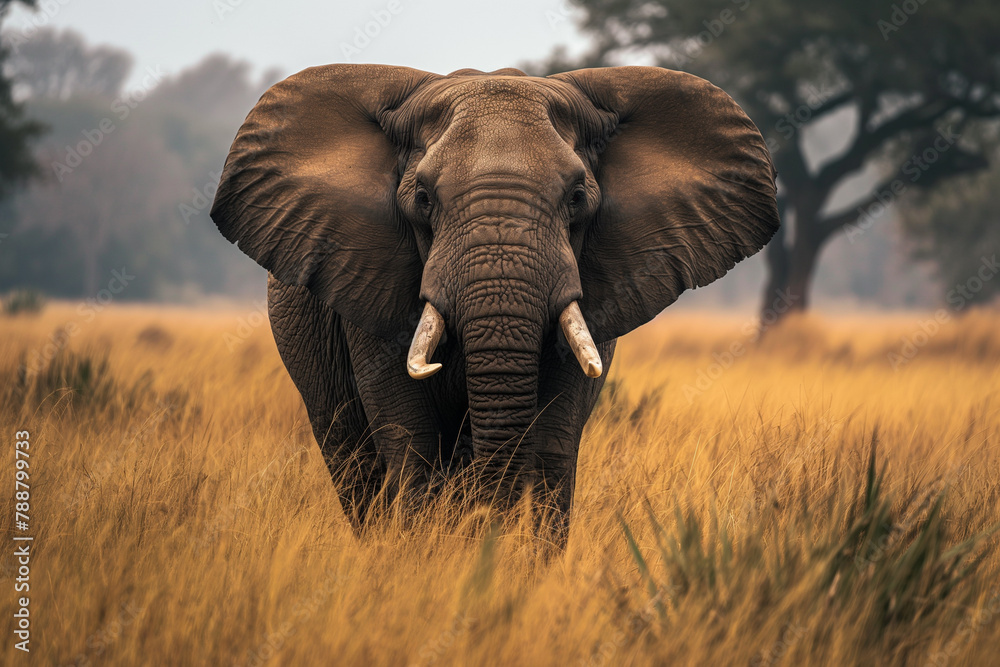 Obraz premium A solitary elephant gently traverses the grassland, its ears spread wide and tusks prominent, set against a backdrop of verdant trees in a tranquil natural scene.