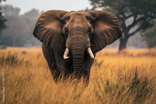 A solitary elephant gently traverses the grassland, its ears spread wide and tusks prominent, set against a backdrop of verdant trees in a tranquil natural scene.