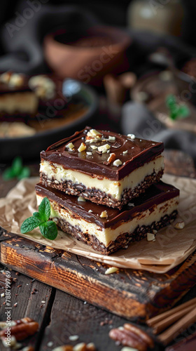 Beautiful presentation of Nanaimo Bars, hyperrealistic food photography