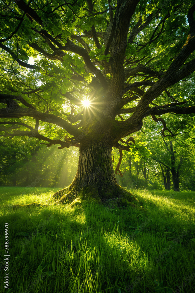 Naklejka premium Sunlight pierces through the lush canopy of an ancient oak, casting a radiant pattern of light and shadow over the vibrant green forest floor.