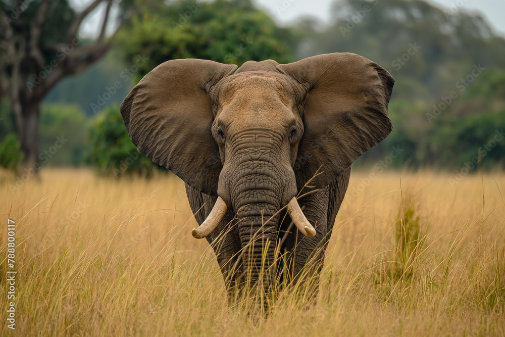 A solitary elephant gently traverses the grassland, its ears spread wide and tusks prominent, set against a backdrop of verdant trees in a tranquil natural scene.