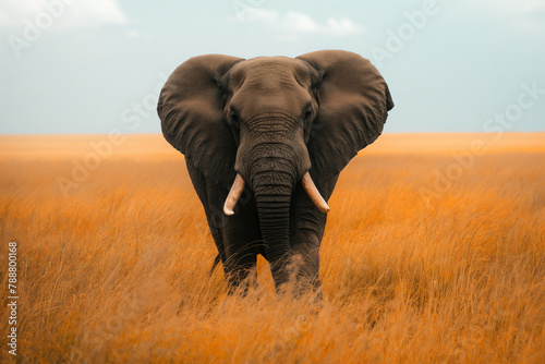 A majestic African elephant strides across the golden savannah, its imposing presence accentuated by the soft, warm light filtering through the trees. © Darya