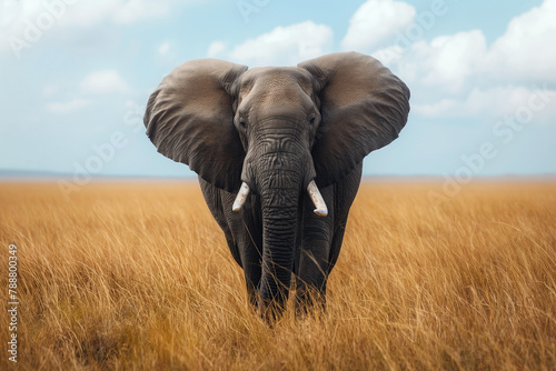 A majestic African elephant strides across the golden savannah, its imposing presence accentuated by the soft, warm light filtering through the trees.