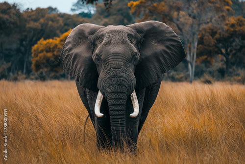 An African elephant stands with grandeur amid the wild grasslands, its gaze meeting the camera, creating a powerful connection between the viewer and the wild.