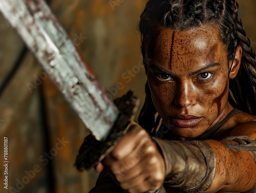 A woman with a sword in her hand, she is wearing a tribal look. The sword is covered in blood and dirt