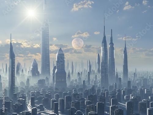A cityscape with tall buildings and a large moon in the sky. The city is covered in a thick layer of fog, giving it a mysterious and eerie atmosphere