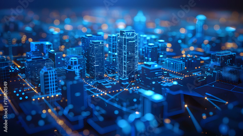 Wi-Fi smart city or network. Low poly wireframe. Building automation with computer board illustration. Isolated on a dark blue background. Plexus points and lines. Wireless smart city or network.