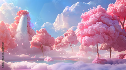 3D animation of a candy floss forest with a sugary waterfall and enormous cotton candy trees in the background. cute eyes