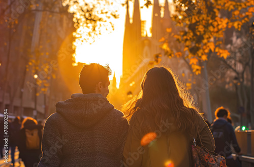 Couple near the Sagrada Familia at sunset photo