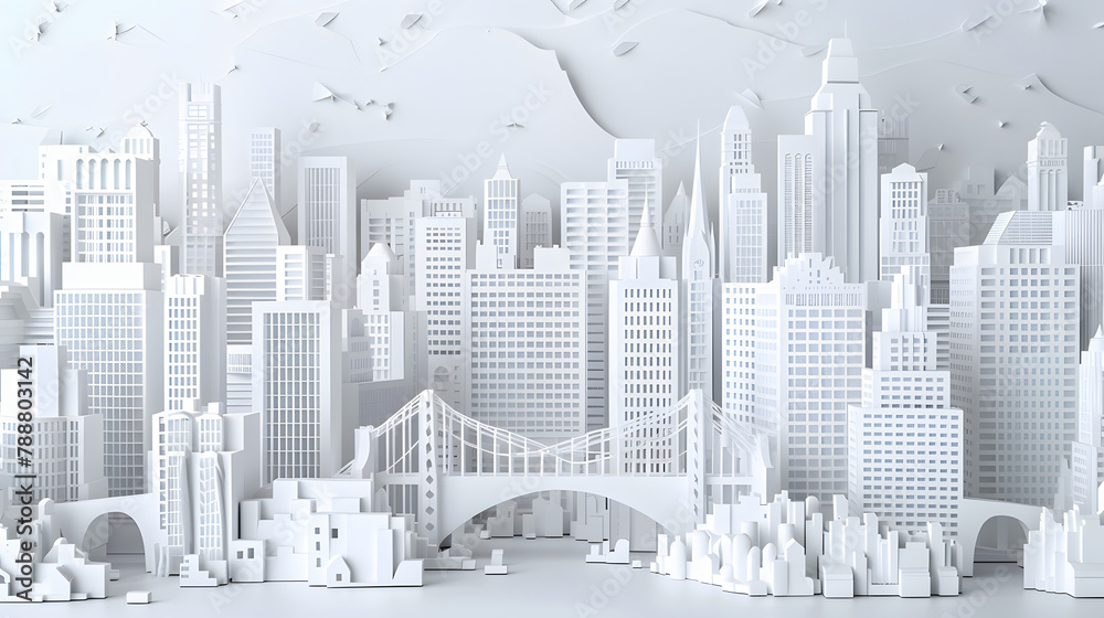 3D paper cut of buildings and bridges. white background