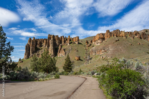Beautiful rock range in John Day Fossil Beds Clarno Unit in Central Oregon. View from the parking lot