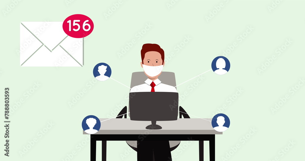 Man wearing mask sitting at desk, working on computer, receiving many emails Man wearing mask sitting at desk, working on computer, receiving many emails